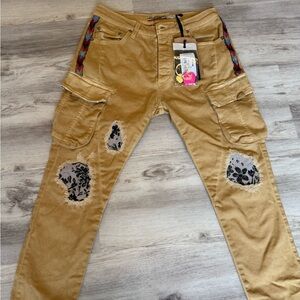 Italian Tan Cargo Pants with Embroidered Accents